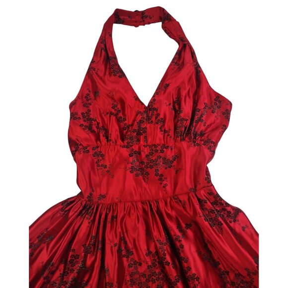 Y2K Red Halter Midi Oriental Asian Satin Feminine Prom Floral Jacquard Dress - L - Picture 3 of 11